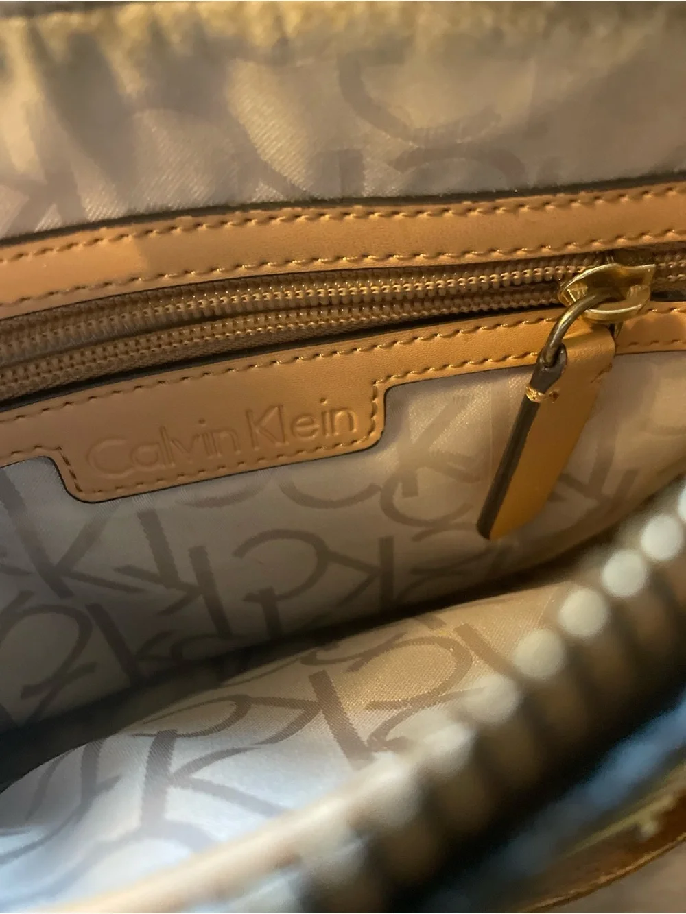 Calvin Klein Black Monogram Wristlet with Tan Trim